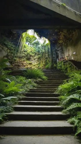 tunnel of plants,stone stairway,torii tunnel,plant tunnel,the mystical path,lava tube,underground,stone stairs,winding steps,the limestone cave entrance,lost place,abandoned places,underpass,stairway,