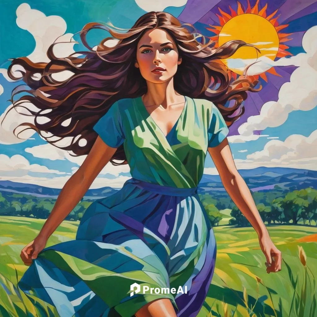 a woman with long brown hair and piercing green eyes runs through a lush green meadow, the sun shining brightly on her face. She wears a flowing blue dress and a pair of heels, and her dress is in a c