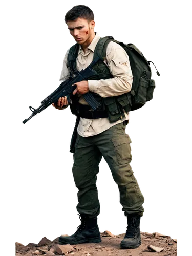 Battle-damaged soldier, male, solo, (25yo), intense facial expression, bloody wounds, torn clothing, military vest, AK-47 rifle, backpack, camouflage pants, combat boots, dusty terrain, sunset lightin