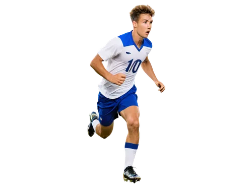 Football player, athletic male, muscular arms, determined facial expression, sweaty forehead, messy short hair, white jersey with number 10, blue shorts, shin guards, cleats, running pose, dynamic mov