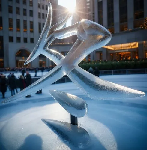 Crystal glass statue in front of ice ring at the rockefeller center in winter on a sunny day,people are walking around in the city at dusk,rockefeller plaza,steel sculpture,rockefeller center,ice skat