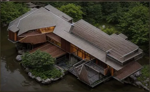 at a natural spring,boathouse,house with lake,boat house,house by the water,timber house,stilt house,log home,wooden roof,gristmill,water mill,asian architecture,slate roof,wooden construction,folding