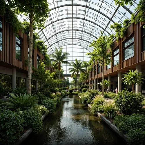 Lush tropical plants, curved glass roofs, steel frames, minimalist columns, natural ventilation systems, clerestory windows, polycarbonate panels, automated irrigation systems, humid climate control, 