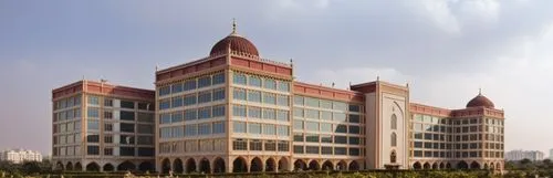 Classical Indian architecture with arches, minarets and cornices at the edges with domes in the corners for a hospital building. Add a central minaret. Add a small dome structure in center of the faça