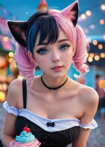 cat ears,sugar pie,pink icing,sugar paste,doll cat,pink cat,pink bow,barbie,anime girl,fondant,kawaii ice cream,kawaii,bonbon,tiber riven,candy island girl,kat,sugary,stylized macaron,pink ice cream,anime 3d,Illustration,Realistic Fantasy,Realistic Fantasy 37