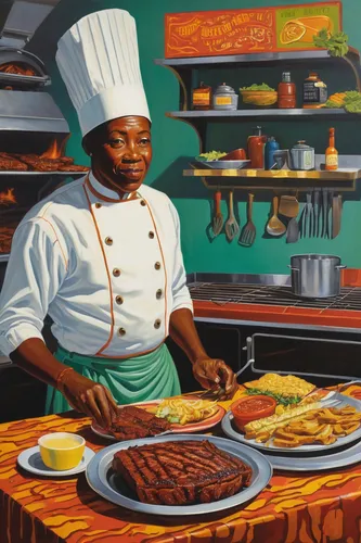 cooking book cover,chef,chef's uniform,southern cooking,men chef,black businessman,cooking plantain,culinary art,cooks,oil painting on canvas,national cuisine,chief cook,oil on canvas,food and cooking,david bates,eritrean cuisine,african businessman,jamaican food,culinary,chefs,Art,Artistic Painting,Artistic Painting 25