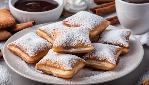 pastry pastry sitting on a plate with coffee and cinnamon sticks,beignets,strudels,beignet,pastries,viennese waffles,chocolate cream puffs,Photography,General,Realistic