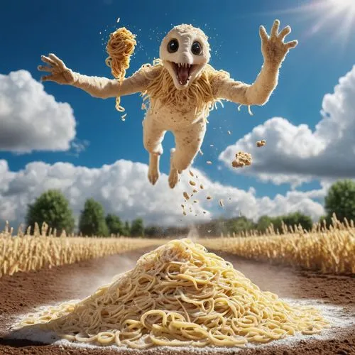 flour dropping from sky to ear and pasta looking creatures rising from earth,flying noodles,capellini,ragetti,borgetti,oglio,orzo,mie,spaghetti,spaguetti,spag,oat,flying food,fried noodles,noodles,spa