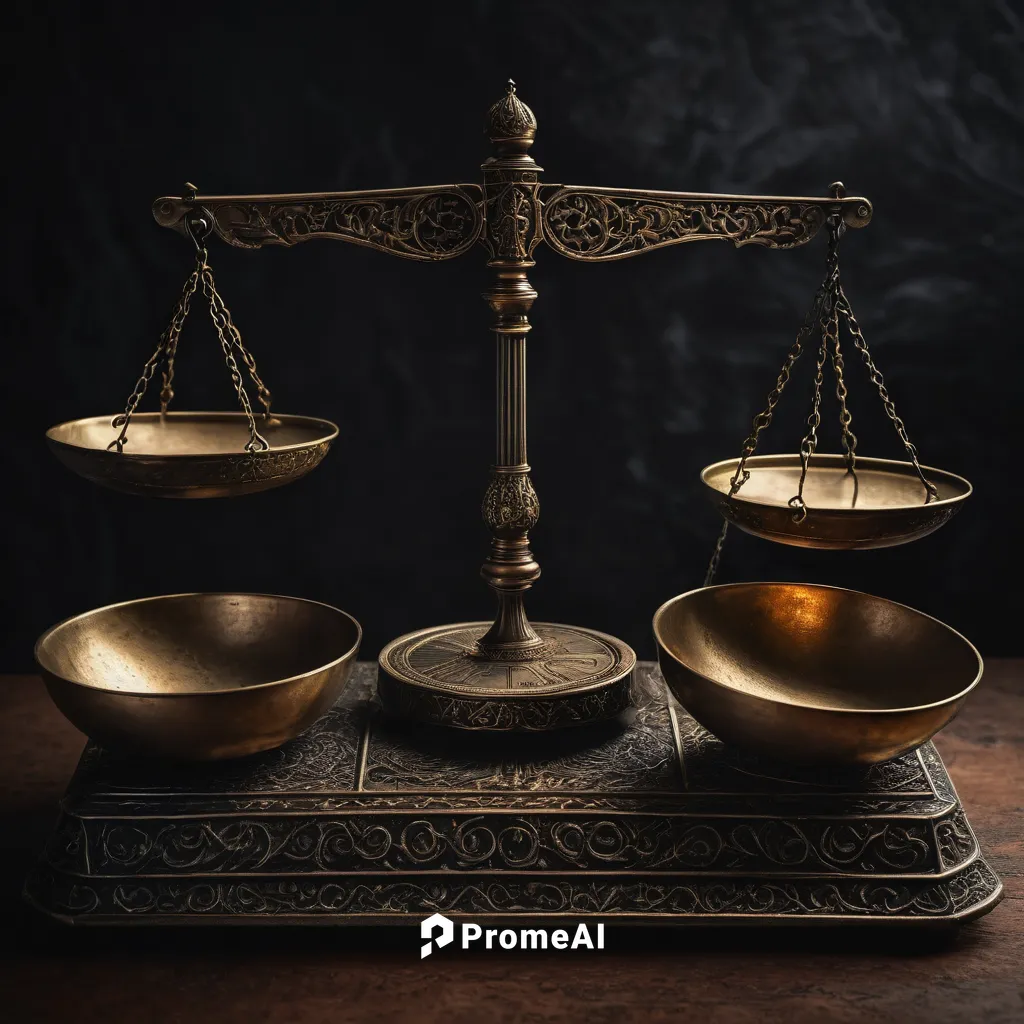 an unbalanced scale weighting lighter light and heavier darkness,scales of justice,justice scale,justitia,incense with stand,gavel,libra,figure of justice,candlestick for three candles,armillary spher