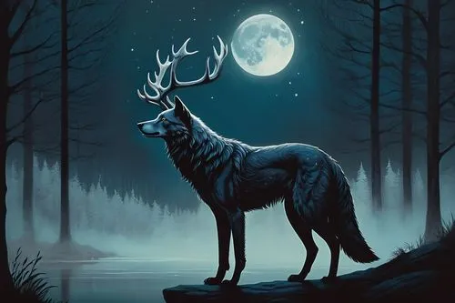 Fantasy, Patronus art, mystical creature, wolf, stag, otter, horse, majestic posture, glowing eyes, shiny fur, misty atmosphere, ancient forest, twilight, full moon, subtle lighting, cinematic composi