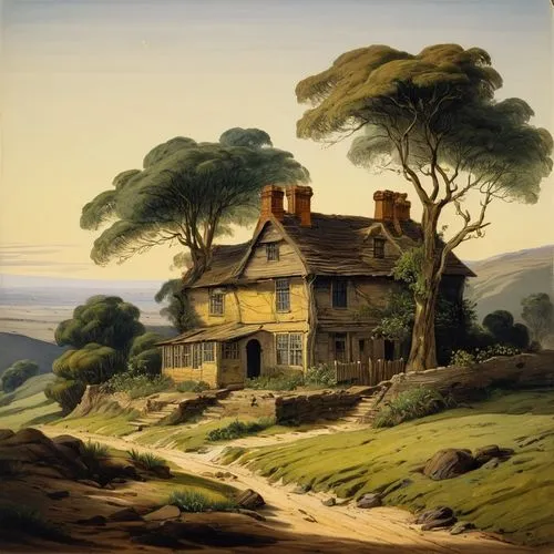 home landscape,lincoln's cottage,rural landscape,robert duncanson,farmhouse,cottage,Illustration,Retro,Retro 22