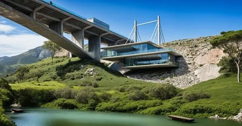 restaurante en peñasco a un lado del puente ,skybridge,futuristic architecture,skyrail,svizzera,cantilevered,building valley,Photography,General,Realistic