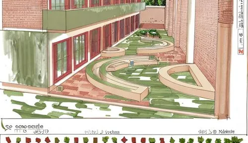 MAKE THIS SPACE AS GREEN COURTYARD WITH KOTA STONE IN FLOORING. FILL IN THE BUSHES IN HOLLOW SPACE. SHOW 5 6 PEOPLE WALKING. USE THE JALI IN BALCONY. USE THE COLOUR BRICK RED. MAKE THE COLUMNS IN BEIG