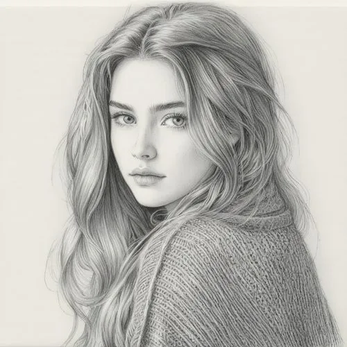 女孩，毛衣，白色背景，长发，黑白，素描,a portrait of a woman's face is shown in this drawing,pencil drawing,charcoal pencil,girl drawing,pencil art,pencil drawings,girl portrait,Illustration,Black and White,Black and Wh