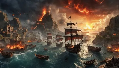 fireships,maelstrom,fantasy picture,naval battle,fireship,cataclysm,fantasy art,firelands,blackrock,lake of fire,piracies,lyonesse,sea fantasy,hereunder,firewind,novigrad,fire background,tour to the sirens,fantasy landscape,waterworld