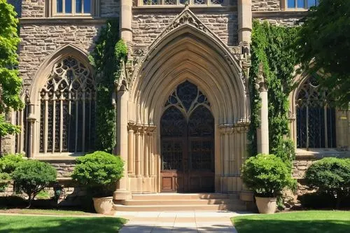 Georgetown University, Healy Hall, historic building, Gothic Revival style, stone walls, stained glass windows, pointed arches, ribbed vaults, grand entrance, heavy wooden doors, intricate carvings, o