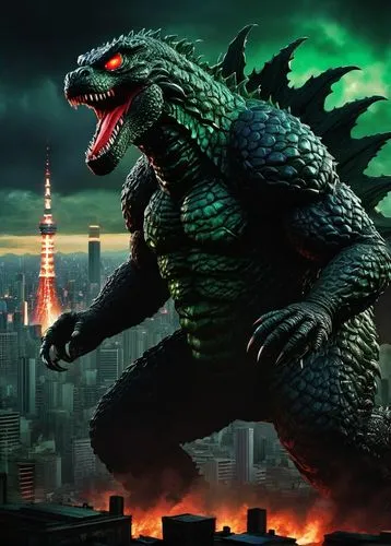 Lovecraftian Godzilla, ancient deity, enormous size, scaly dark green skin, glowing red eyes, tentacle-like limbs, sharp teeth, destructive roar, Tokyo cityscape, ruins, destruction, smoke and fire ev