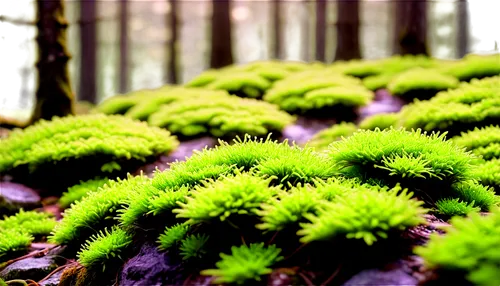 Green moss, multiple clusters, soft texture, rounded shapes, various sizes, natural growth, forest floor, warm lighting, macro shot, close-up composition, shallow depth of field, vibrant color tone, h