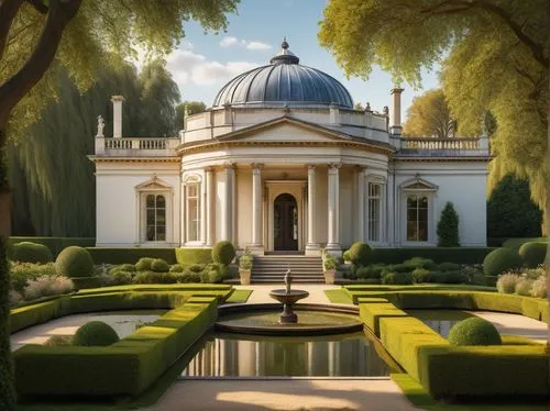 Chiswick House, luxurious mansion, British architectural style, grand facade, white stone walls, large windows, intricate wooden doors, ornate roof, chimneys, English garden, lush greenery, vibrant fl