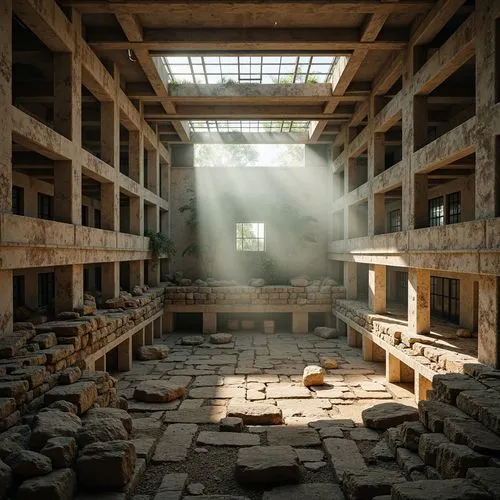 Rough-hewn stone amphitheater, brutalist architecture, rugged concrete walls, exposed ductwork, natural light pouring in, clerestory windows, high ceilings, industrial-style lighting fixtures, raw unf