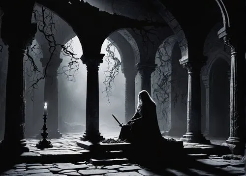 hall of the fallen,dark gothic mood,grim reaper,dark world,haunted cathedral,dark art,monks,dance of death,gothic,games of light,the abbot of olib,underworld,in the shadows,benedictine,the nun,the fallen,monastery,pilgrimage,sepulchre,vader,Illustration,Black and White,Black and White 33