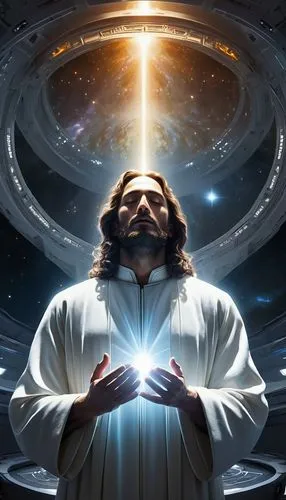 jesus christ, strong glow around, shining aura, jesus christ, divine glow around, closed eyes, praying, glowing universe, in the white control compartment of the alien ship, many stars, high-tech inte