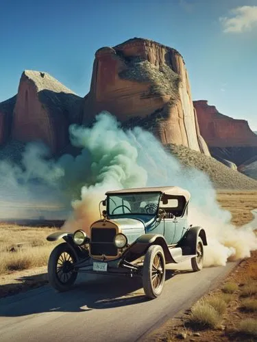 Mrs. Clara Jane Ford is at the center of the action. She is driving a Ford (Model T) through a Texan landscape, its dark green paint reflecting the bright sunlight. The intricate details of the old ca