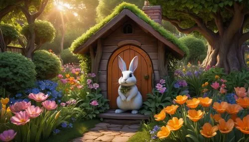 Picture a whimsical, small-scale rabbit house with a petite, rustic wooden door, adorned with a tiny brass door knocker in the shape of a rabbit, nestled amidst a lush, vibrant garden teeming with an 