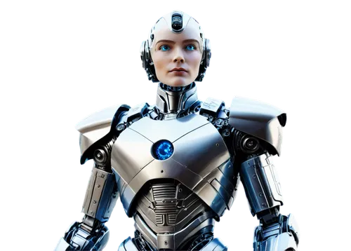 3D image, futuristic sci-fi scene, metallic robot, glowing blue eyes, shiny silver armor, intricate mechanical details, posing heroically, low-angle shot, dramatic lighting, cinematic composition, hig