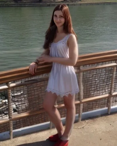 Women's white nightgown,girl in white dress,white dress,on the pier,danube cruise,darling harbor,a girl in a dress,white skirt,white winter dress,red shoes,girl on the river,white boots,girl in red dr