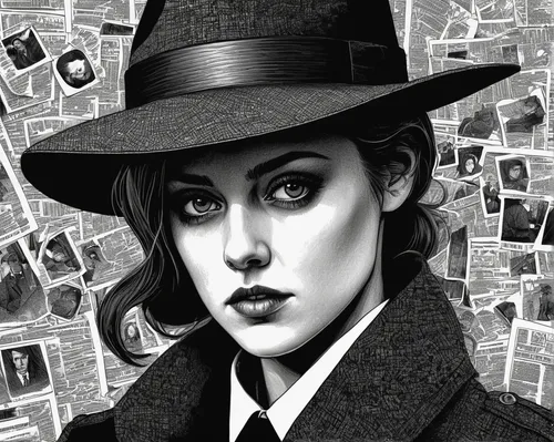 film noir,black hat,detective,bowler hat,pencil drawings,pencil drawing,hatter,femme fatale,vintage drawing,inspector,pencil art,investigator,charcoal drawing,the hat-female,magician,holmes,trilby,world digital painting,fashion illustration,dita,Illustration,Black and White,Black and White 09