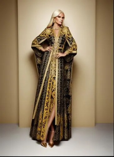 a woman is standing on a white floor with a black and yellow dress,donatella,caftan,kaftan,caftans,tahiliani,siriano,Photography,Fashion Photography,Fashion Photography 06