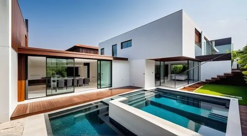 Picture a luxurious modern villa with a sleek, minimalist design. The exterior features a blend of white concrete and dark wood, accented by metallic elements for a contemporary look. Large, floor-to-