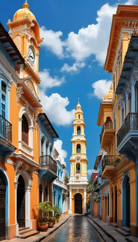 a narrow street with multiple buildings and a clock tower, in the style of afro-colombian themes, baroque architecture, dark white and light orange, sky-blue and yellow, havencore, photo-realistic, hi