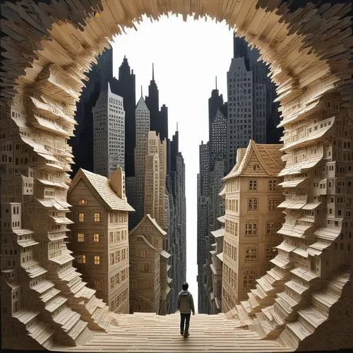 100 layers multi-layered paper painting on the theme of the city to wooden houses from a skyscraper a subway is moving towards the person looking ahead,a cardboard model of city buildings and a man,ar