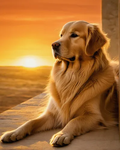 Compose a poetic description of a golden retriever basking in the golden rays of a sunset.,golden retriever,golden retriver,pyrenean mastiff,pet vitamins & supplements,dog photography,anatolian shephe