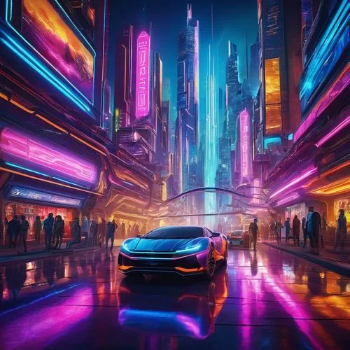 Stunning digital artwork, futuristic sci-fi theme, vibrant neon colors, abstract shapes, glowing lines, 3D futuristic cityscape, holographic displays, sleek metallic surfaces, robotic figures in the b