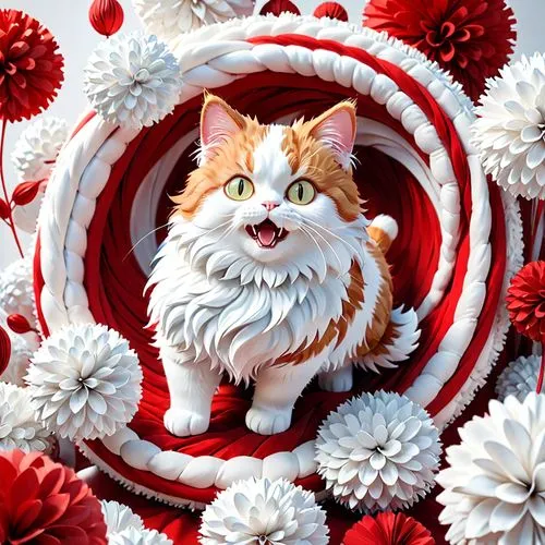 a cat, red and white,fluffy, plush, 3D art, depth of field,high quality,high detail,high degree of precision,,cat vector,christmas cat,pompom,peppermint,flower cat,american curl,wreath vector,red tabb