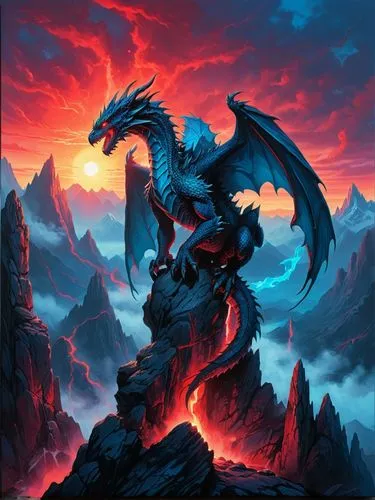 backlit dark large blue dragon with glowing bright cyan highlights crouching on a shiny rock pillar, its immense wings casting its body in the shadows, glowing red eyes, hazy mountain spires in the ba