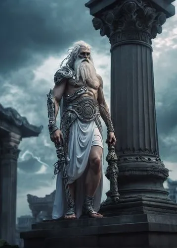 Blind, idiot, god, ancient, mysterious, powerful, male, long white beard, wild hair, worn-out toga, sacred staff, divine aura, misty atmosphere, cloudy sky, stone pedestal, forgotten temple, vines cra