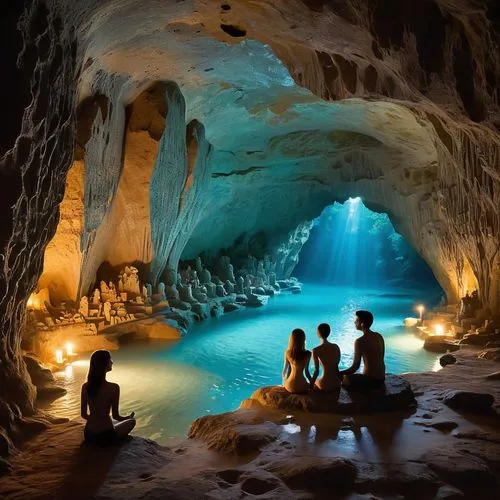 In the heart of the cave, a loving family of humanoid creatures reside together, their eyes closed as they radiate warm warmth. The water around them sparkles redecorated, adding a warm and inviting t