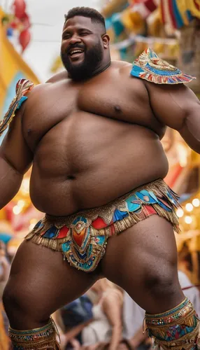 Very Chubby muscular man wearing carnival costume
Dancing
Excited face
brown skin
Parade
Sweating ,sumo wrestler,fatayer,pambazo,african man,african croissant,oden,panamanian balboa,african american m