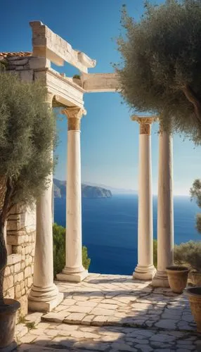 Ancient Greek-inspired villa, white marble columns, ornate capitals, blue domed roof, intricately carved stone walls, lush greenery surrounding, mature olive trees, rustic cobblestone path, warm after