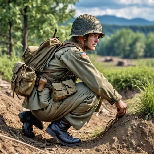 un GI américain de 1944 accroupi examinant le terrain , un soin particulier doit être apporté à son uniforme, armes et matériel, précis d'époque et détaillé  ,a soldier kneels on the ground to collect