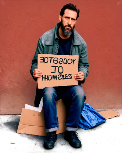 Homeless person, dirty clothes, worn-out shoes, rugged beard, sad eyes, holding a cardboard sign, sitting on sidewalk, urban background, natural lighting, cinematic composition, shallow depth of field