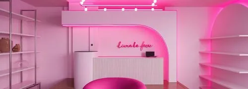 letras luz neon, rosa pastel,this pink room features a large egg chair and bookcase,pink chair,beauty room,lachapelle,the little girl's room,creative office,barber beauty shop,hairdressing salon,loft,