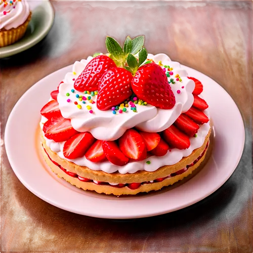 Strawberry shortcake dessert, white plate, colorful strawberry slices, whipped cream dollops, green leaves garnish, golden brown crust, sprinkles on top, overhead shot, soft natural light, warm pastel