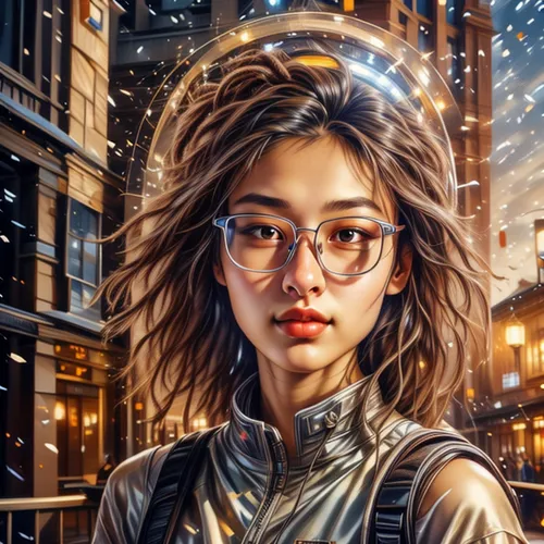 sci fiction illustration,world digital painting,city ​​portrait,cyber glasses,reading glasses,fantasy portrait,girl with speech bubble,librarian,cg artwork,cyberpunk,portrait background,illustrator,mystical portrait of a girl,digital compositing,digital painting,silver framed glasses,asian vision,fantasy art,digital art,zodiac sign libra