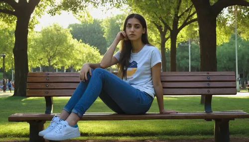 girl sitting,park bench,bench,jeans background,in the park,woman sitting,girl in a long,outdoor bench,wooden bench,child in park,3d rendering,3d background,3d rendered,relaxed young girl,girl in t-shirt,digital compositing,photographic background,3d render,portrait background,3d model,Illustration,Black and White,Black and White 28