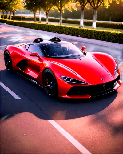 Sports car, red body, shiny metallic paint, sleek design, low-profile wheels, black rims, spoilers, racing stripes, leather seats, steering wheel, dashboard, morning sunlight, 3/4 composition, shallow